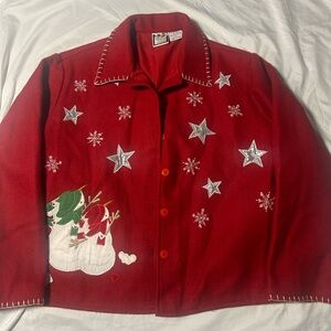 Take Two Christmas Cardigan Jacket Women's M Red Wool Blend Snowman Stars Vtg